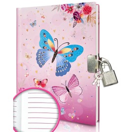 Diary with Lock Girls, 17.8 x 13.5 cm, 80 Lined Sheets, 160 Pages, Butterfly, Children's Diary with Lock, Notebook Girls for Writing and Drawing, Gifts for Girls 6 7 8 9 10 Years