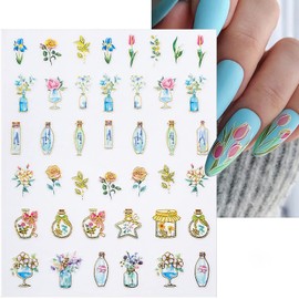 8 Sheets Flower Nail Art Adhesive Sticker 3D Self-Adhesive Nail Decals Art Design Holographic Tulip Rose Nail Art Sticker Decoration for Women Manicure Tips Acrylic Nails DIY Nails Art Supplies