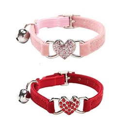 Lovely Kitten Collar, Cat Collar with Bell and Elastic Strap (Lovely heart-Pink+Red)