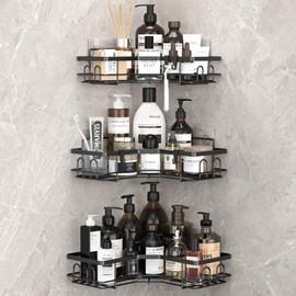HuggieGems 3 Pack Corner Shower Caddy Organizer Shelf with Hooks, Black Bathroom Shelves Storage Organization