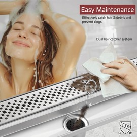 muschbath 32 Inch Linear Shower Drain, Brushed Nickel Shower Drain, Removable Grate, 304 Stainless Steel, Easy to Install and Clean for Bathrooms (Drain Base Not Included), LSD-45A-32S