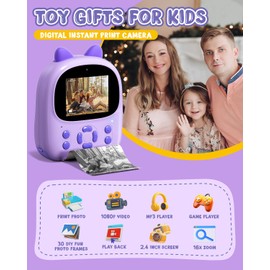 Mandizza Instant Print Camera for Kids, Digital Kids Camera Instant Print, Gifts for 3 4 5 6 7 8 9 10 11 12 Girls & Boys, Toddler Toys Age 3-12 Year Old, Fits Birthday Children Day Toy Gift - Purple
