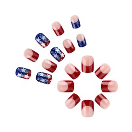 Independence Day Press on Nails Short Square Fake Nails with Blue Red Glitter French Tip Designs 4th of July Glue on Nails White Star False Nails Press ons Glossy Stick on Nails for Women 24 Pcs