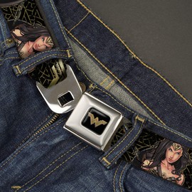 Cinturón de seguridad para hombre de Buckle Down, Wonder Woman Icon/Sketch Poses Black/Gold, 1.0" Wide - 20-36 Inches