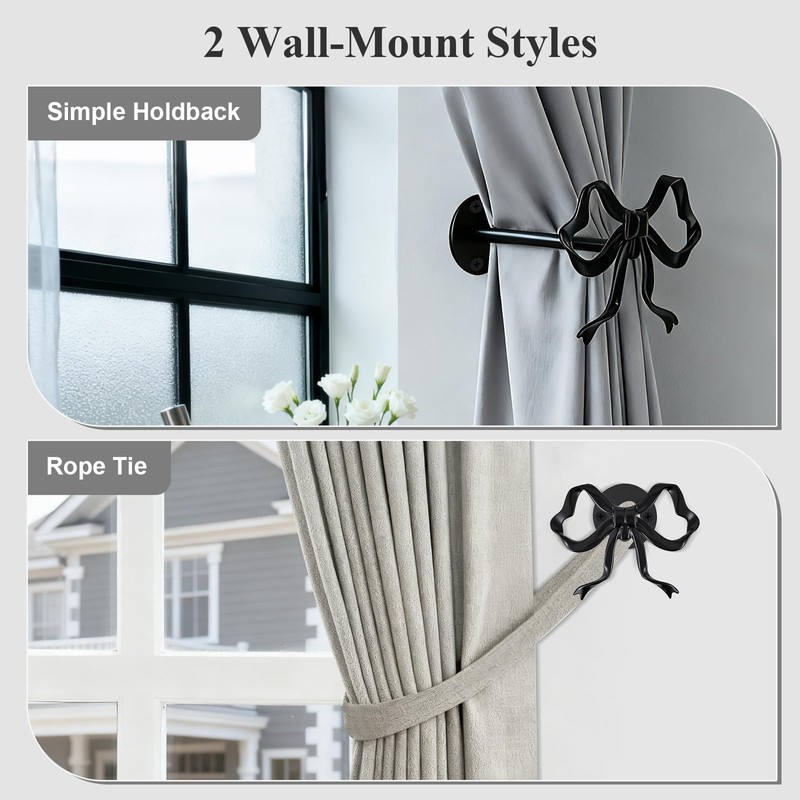 Tocemei 2 Pack Black Bow Curtain Holdbacks, Modern Matte Metal