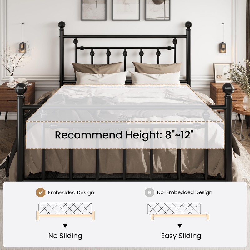 SHA CERLIN 14'' Queen Size Metal Platform Bed Frame/Victorian Headboard