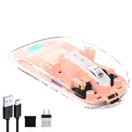 mouse inalámbrico transparente para computadora, mouse Bluetooth recargable, visualización de alimentación, DPI, acceso directo, tres modos Bluetooth5.1 (BT1+BT2) + receptor 2 en 1 de 2,4 GHz