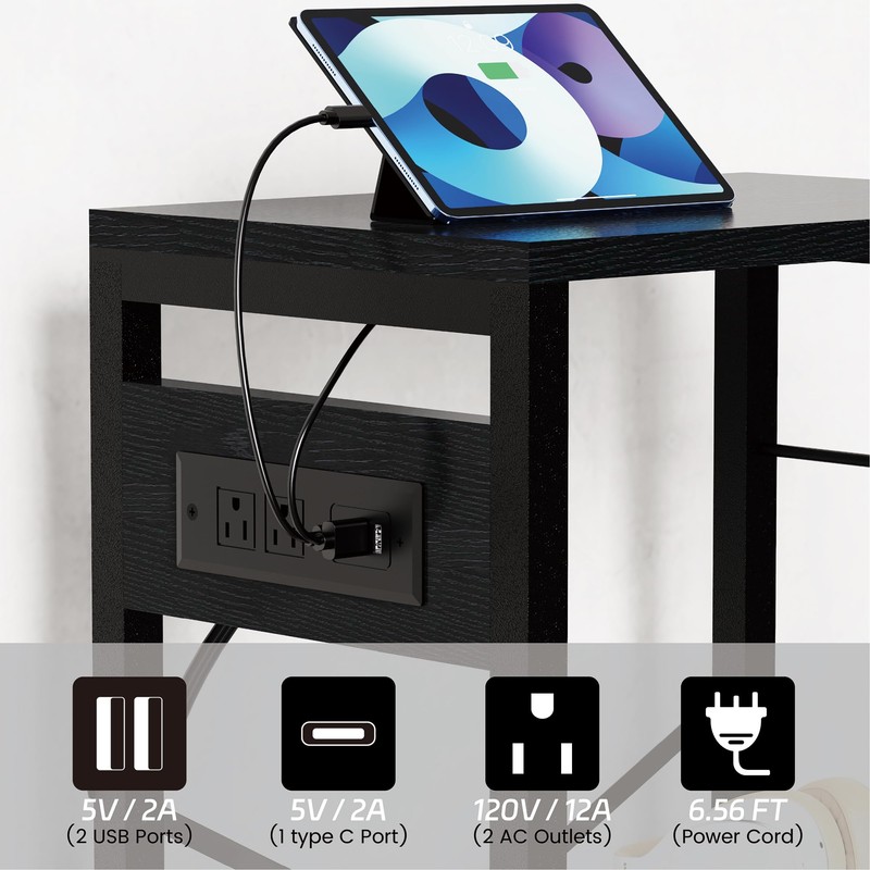 YAKANJ End Table with LED Light,Record Player Stand with Charging