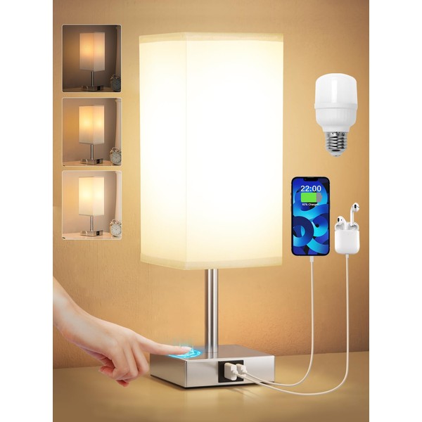 Kakanuo Kakanuo Nachttischlampe Touch Dimmbar, Tischlampe mit Ladefunktion USB A+C-Anschlssen
