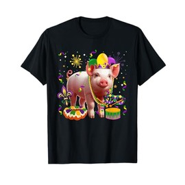 Mardi Gras Pig Wearing Jester Hat Masked Beads Farmer T-Shirt