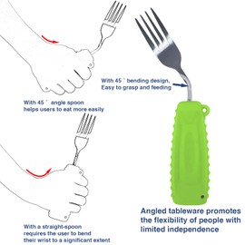 EZ Assistive - Cuchara y tenedor adaptable, fácil de sostener para comer no empotrado (tenedor verde, curvado 45°)