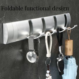 Cehold Foldable Stylish Modern Hook Rack with 5 Hooks, Coat Hooks Wall Mount, Metal Coat Hook Rail for Coat Hat Towel Purse Robes Mudroom Bathroom Entryway (Silver)