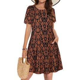 Dresses for Women Short Sleeve Fashion Tunic Dress Summer Swing Pockets Tshirt Dress (Black Orange Floral, 2XL1)