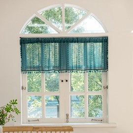 Sutuo Home Boho Valance Curtains for Kitchen Crochet Lace Sheer Bohemian Hollow Knitted with Tassels, Privacy Vintage Rustic Farmhouse Drapes, Rod Pocket 1 Panel 59" W x 18" L, Turquoise