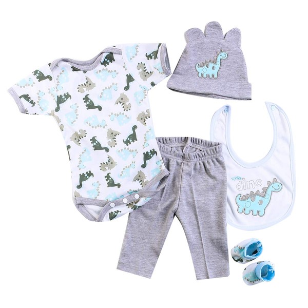 Reborn Baby Dolls Boy Clothes 22 inch Gray Dinosaur Outfit Accessories 5 pcs Sets Fit 20-22" Newborn Dolls Clothes