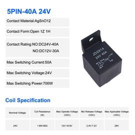 HISports Pack of 10 24 V 40 A Relay, 5 Pin Car Relay JD2912-1Z-12VDC SPST, for Car, Truck, Boat, Van, Motorcycle, Waterproof Car Relay, Switch Relay