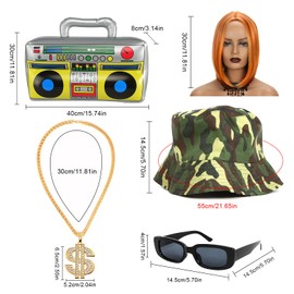 Kevin Ginger Wig Fancy Dress 80s 90s Hip Hop Costume Kit Ginger Wig, Bucket Hat, Boom Box, Gold Chain, Glasses, Rapper Fancy Dress Wig Hip Hop Fancy Dress Wigs 90s Rave Fancy Dress Wigs Fancy Dress