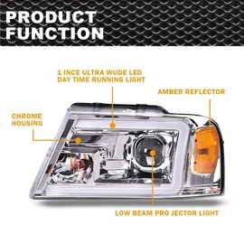G-PLUS LED DRL Headlights, Compatible with 2004-2008 Ford F150, Compatible with 06-08 Lincoln Mark Lt(NOT Fit for 04 F150 Heritage/Flareside Beds Models), Clear lens Chrome Housing Amber Reflector