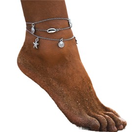 Wendalern Boho Seabeach Conch Starfish Anklet Layered Turtle Shell Anklet Bracelets Multilayer Beach Cowrie Anklet Silver Scallop Foot Chain Anklets Jewelry for women Girls