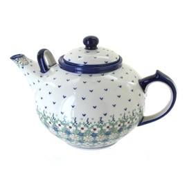 Blue Rose Polish Pottery Green Daisy Large Teapot