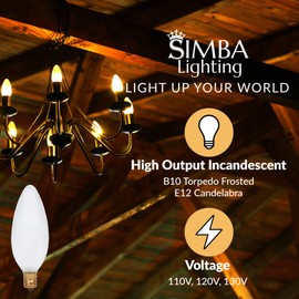 Simba Lighting Candelabra Torpedo Frosted B10 25W E12 Base (12 Pack) Decorative Incandescent Light Bulbs 120V for Chandeliers, Ceiling Fan Lights, Pendants, Wall Sconces, Dimmable, Warm White 2700K