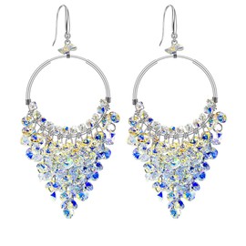 925 Sterling Silver Boho Hoop Earrings Chandelier Drop Statement with Crystals Jewelry Dangles multiple Tassels, Party Jewel Made by Handcraft