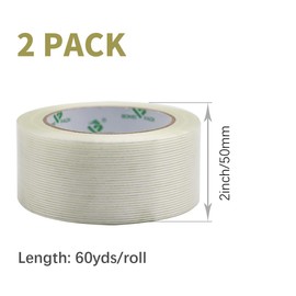 Filament Strapping Tape, 5.3 Mil 2 Inch x 60 Yards, Heavy Duty Reinforced Fiberglass Packing Tape, 2 Pack, BOMEI PACK