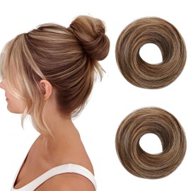 Hairro Human Hair Bun Hairpiece Remy Scrunchies Updo For Women Stretchy Elastic Elegant Chignon 2PC 46g #4P27 Medium Brown Mix Dark Blonde