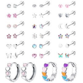 LOYALLOOK Screw Back Earrings Stud for Women Surgical Steel Hypoallergenic Cartilage Stud Earrings Tiny Opal CZ Screwback Flat Back Stud Earrings Cute Heart Hoop Earrings Set Colorful Over 3 Years Old