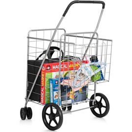 Nightcore Folding Shopping Cart, Large Grocery Utility Cart with Swiveling Wheels & Dual Storage Baskets, Light Weight Trolley with Portable Handle, Ideal for Laundry Book Luggage Travel (Silver)