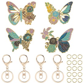 SOFPLATE 1 Box 4 Pack Butterflies Keychains Bulk Alloy Enamel Butterfly Car Key Chains Pendants with Rotatable Metal Keyring Jump Ring Keychains Making Findings Kits for Party Women Favors Backpack