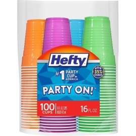 Hefty Party On 16oz Disposable Plastic Cups Assorted Colors 100 Pack