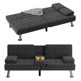 YESHOMY Modern Linen Upholstered Convertible Folding Futon Sofa Bed w/Removable Armrests, Metal Legs, 2 Cup Holders for Living Room, Black