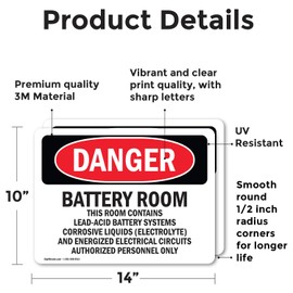(2 Pack) Battery Room Contains Lead-Acid OSHA Danger Sign 14 Inch X 10 Inch Vinyl Label Decal Sticker Weather Resistant, UV Protected for Workplace, Business, and Construction Site, Made in the USA