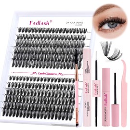DIY Eyelash Extensions Set, FADLASH Cluster Eyelashes, DIY Eyelash Cluster Set, Lashes, Eyelash Extensions, Lash Bond and Seal Eyelash Tweezers and Eyelash Remover, Eyelash Brush (40 + 50D-0.07D-8-16