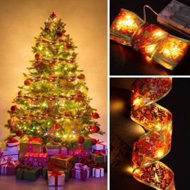 pepape Christmas Ribbon Lights - Christmas Tree Decorations - Copper Wire Ribbon Fairy Lights for Xmars Tree New Year Party Weddings - 13ft /4m Red Ribbon Light Battery Powered(Warm Lights Color)