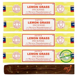 Original Satya Nag Champa Lemon Grass Incense Sticks | with M&J incense sticks holder | x4 pack | for Aromatherapy, Spa, Yoga, Weddings, Meditation, Healing, Positivity and Relaxation