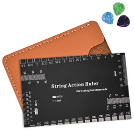 String Action Gauge , Guitar String Height Ruler ,Guitar Set Up Luthier Tools with Thick Leather Case for Electric Acoustic Guitar, Bass,Etched Black Edition