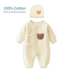 Babyfond Boys Girls Bodysuit Newborn Infant's Warm Cotton Bodysuit with Hat,100% Cotton Toddler Home Wear Thickened Spring and Autumn Clothing (beige, 0-1M)