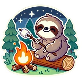1 pcs Camping Sticker Sloth Camp Fire, 4 inches - Mountain, Camping, Car Bumper Sticker, Cute Decal