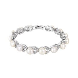 EVER FAITH Gorgeous CZ Cream Simulated Pearl Wedding Bride Prom Dual Leaf Tennis Bracelet Clear Silver-Tone