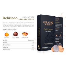 Grano Milano Delizioso 50 Aluminium Coffee Pods Compatible with Nespresso Original line, 100% Arabica Medium Roast - Intensity 6/12, Coffee Capsules Made in Italy Espresso Coffee