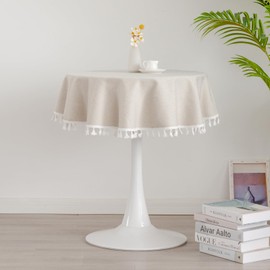 YZKITM Small Round Solid Ivory Tassel Tablecloth Washable Heavy Weight Wrinkle Resistant Table Cloth Soft Farmhouse Fabric Table Cover for Dining Party Tabletop Decoration 36 Inch