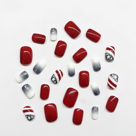 Extra Short Independence Day Press on Nails Square Patriotic Fake Nails Gradient Red Blue White False Nails with Designs Glitter Stick on Nail Reusable Acrylic Nails for Women 4th of July Manicure