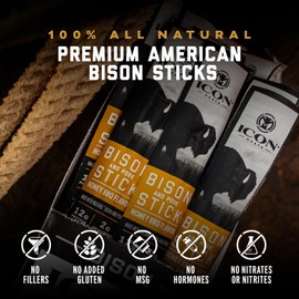 ICON Meats Bison and Pork Snack Sticks - Honey BBQ Flavor - 24 Pack of Individually Wrapped Jerky Meat Sticks, USDA Approved, All Natural, Diet Friendly, High Protein, Low Calorie, Low Sugar