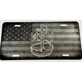 BLVD Combo Laser US Flag & Diamond Engraved Etched Navy Anchor Car Tag License Plate