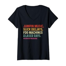 Womens Jumping Music Slick Deejays Fog Machines Laser Rays Party V-Neck T-Shirt