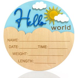 Cuvstvo Baby Announcement Sign Hello World Newborn Sign Newborn Baby Birth Announcement Sign Wooden Newborn Photography Props Baby Shower Hospital Nursery 5.9 Inch (Sun Blue)