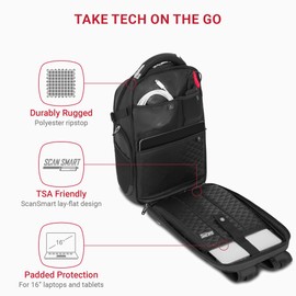 SwissGear Travel Tech Elite Laptop Backpack – Fits Laptops up to 16” – ScanSmart TSA-Friendly Backpack with USB Port, Shoe Compartment & Organizer Pockets – Heather Grey