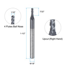 sourcing map Ball Nose End Mill CNC Router Bit, 1/32" Radius 1/8" Shank Solid Carbide TiAlN Coated Upcut Spiral 4 Flutes Cutter Milling Tool, 1/16" Dia 1-1/2" Total Length